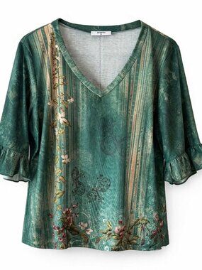 Women Boho Ruffled Sleeve Top Green Floral Size L NEW